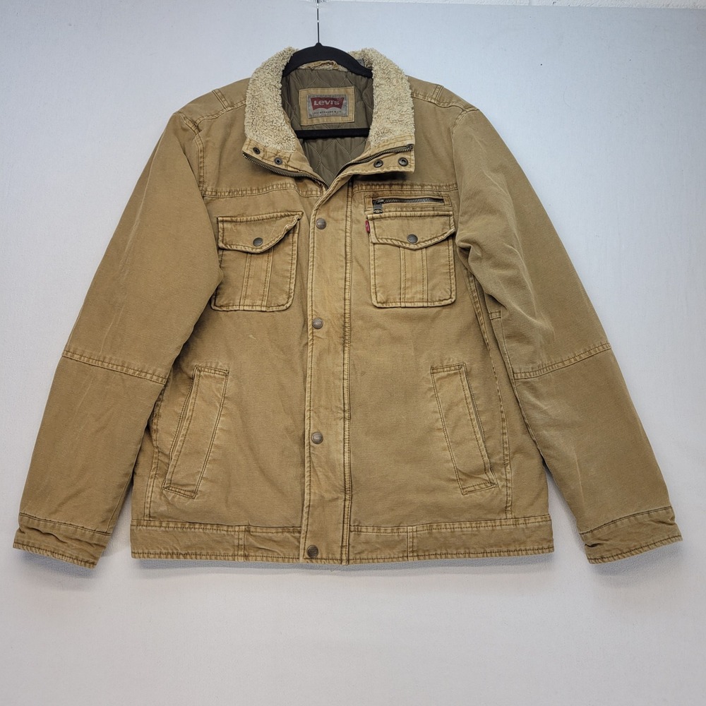 Levi's Field Jacket Mens Large Khaki Tan Sherpa Collar Quilted Utility Chore